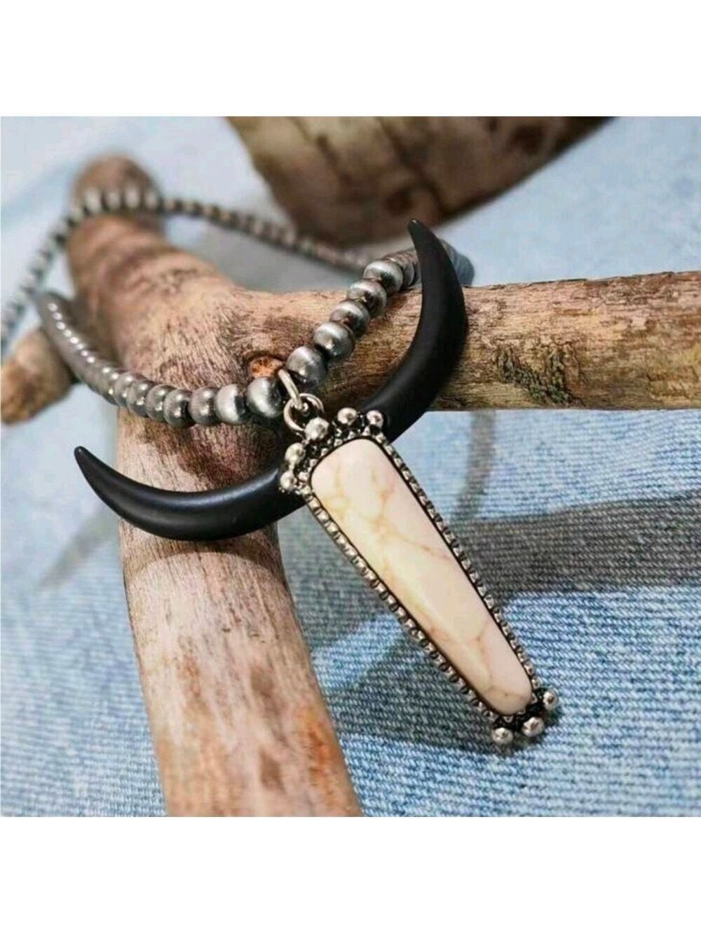 Horn Pendant Necklace Black and Cream - Picture 3 of 4